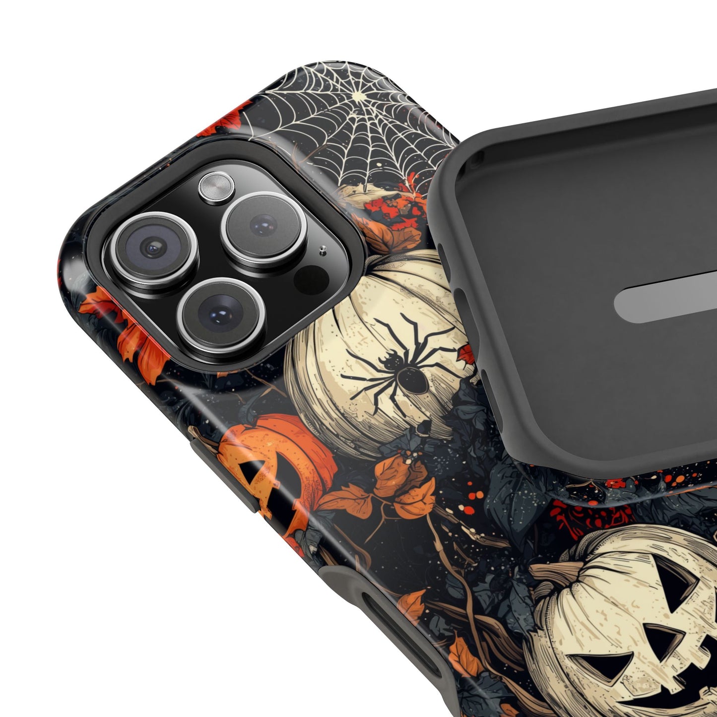 Hauntingly Elegant Halloween MagSafe iPhone Case – Pumpkins, Spiders, and Autumn Leaves Design