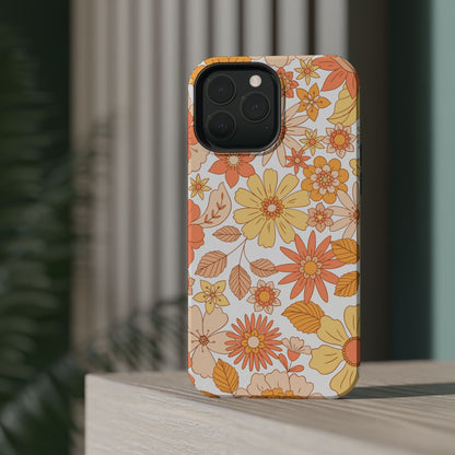 Vintage Floral Bloom MagSafe iPhone Case – Warm Orange & Yellow Retro Flower Design with Matte Finish