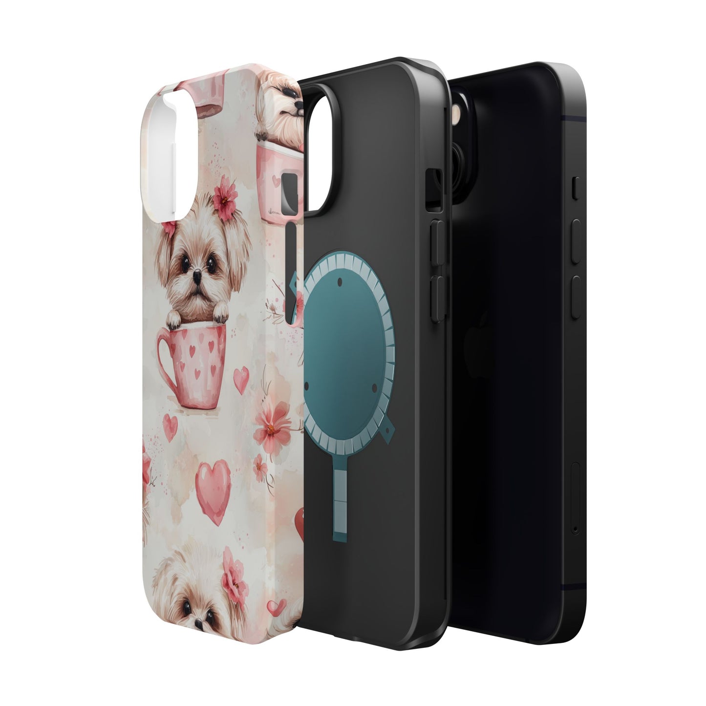 Floral Puppy in Teacup MagSafe iPhone Case – Cute Pink Flower Design, Tough Dual-Layer Protection