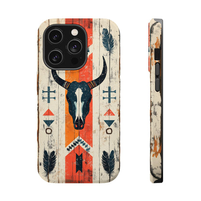 Rustic Western Bull Skull Tough MagSafe iPhone Case – Distressed Wood Design, Dual-Layer Protection