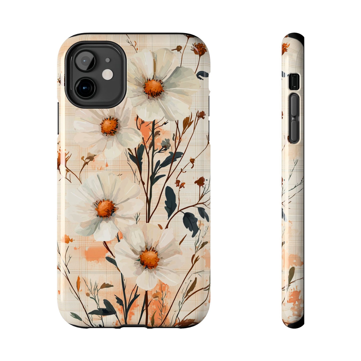 Pastel Orange Floral iPhone Case - Elegant Plaid Protective Cover