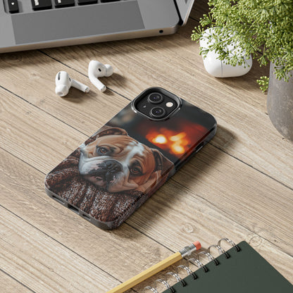 Cozy Bulldog iPhone Case – Fireside-Inspired Protective Cover Description: