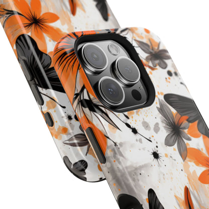 Orange Blossom & Black Butterfly MagSafe iPhone Case – Bold Floral Pattern with Modern Abstract Style