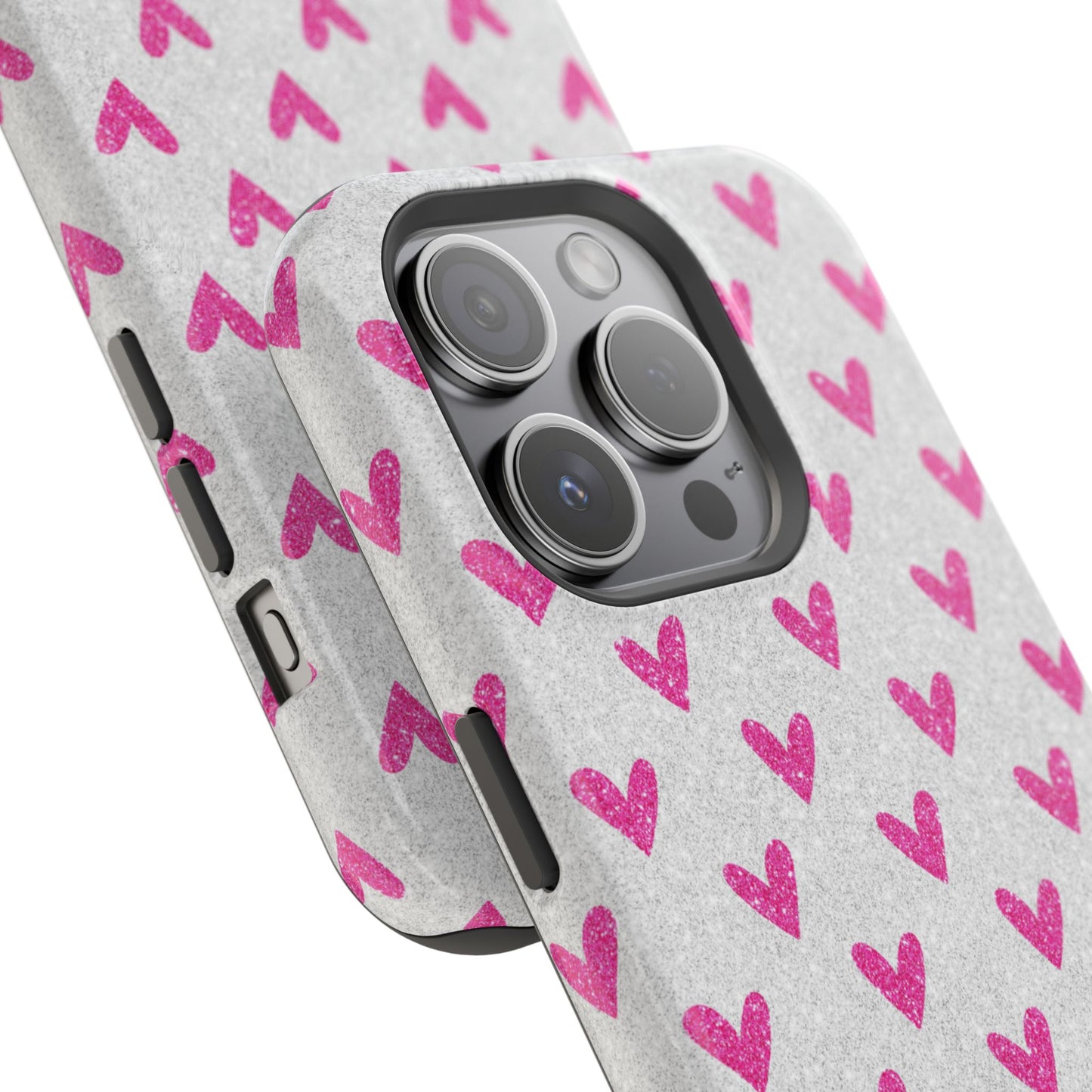 Pink Hearts on Glitter Silver – MagSafe iPhone Case