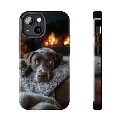 Cozy German Shorthaired Pointer iPhone Case – Rustic Fireplace Protective Cover