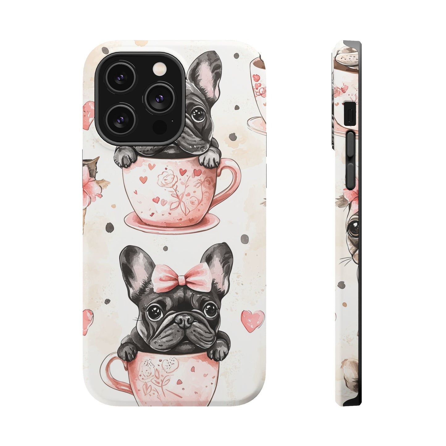 French Bulldogs in Teacups MagSafe iPhone Case – Cute Dog Design with Hearts & Bows, Shockproof & Slim