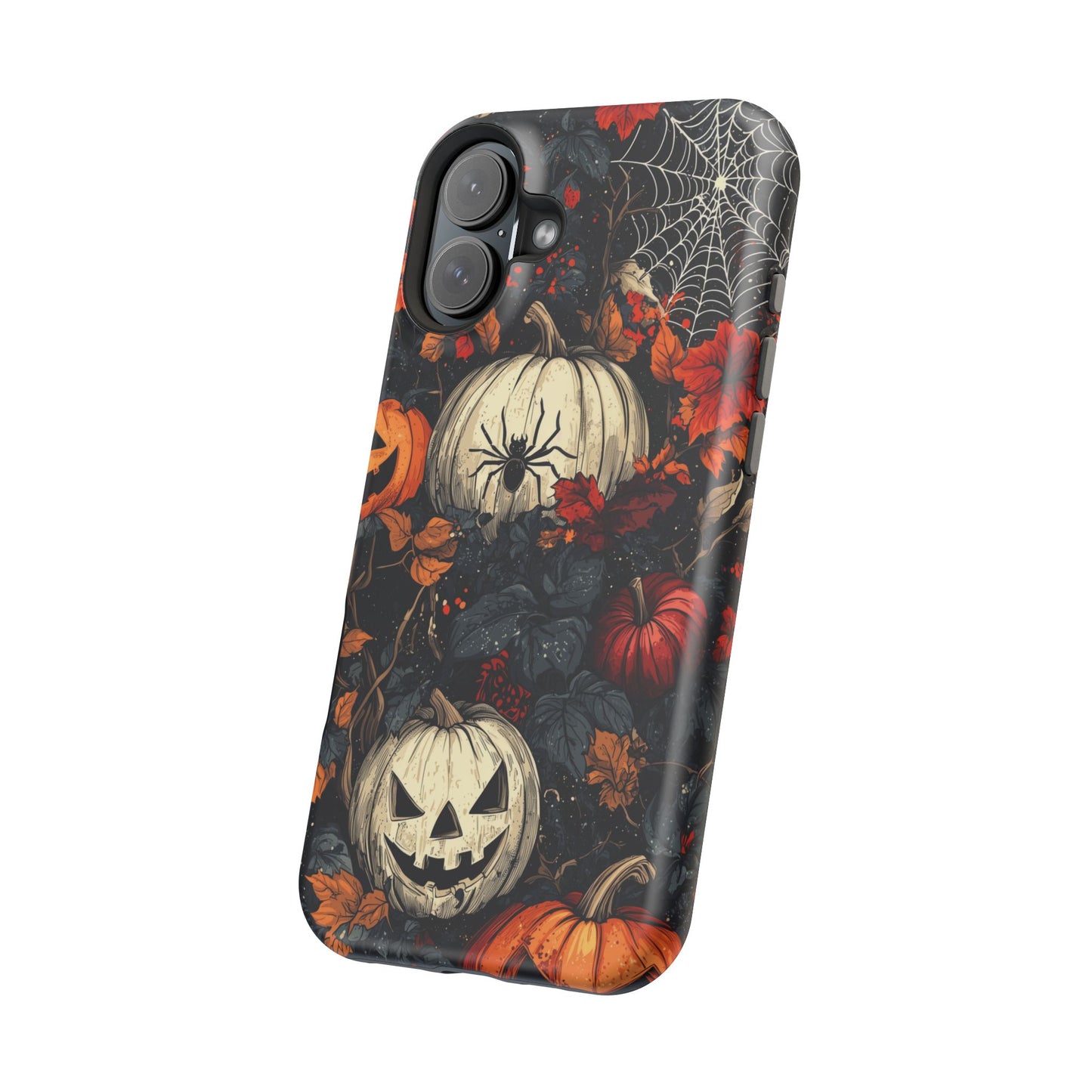 Hauntingly Elegant Halloween MagSafe iPhone Case – Pumpkins, Spiders, and Autumn Leaves Design