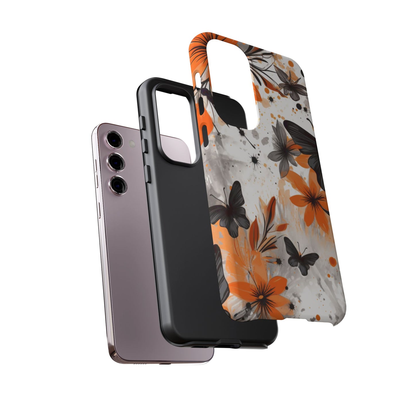 Orange Blossom & Black Butterfly Samsung Galaxy Case – Bold Floral Pattern with Modern Abstract Style