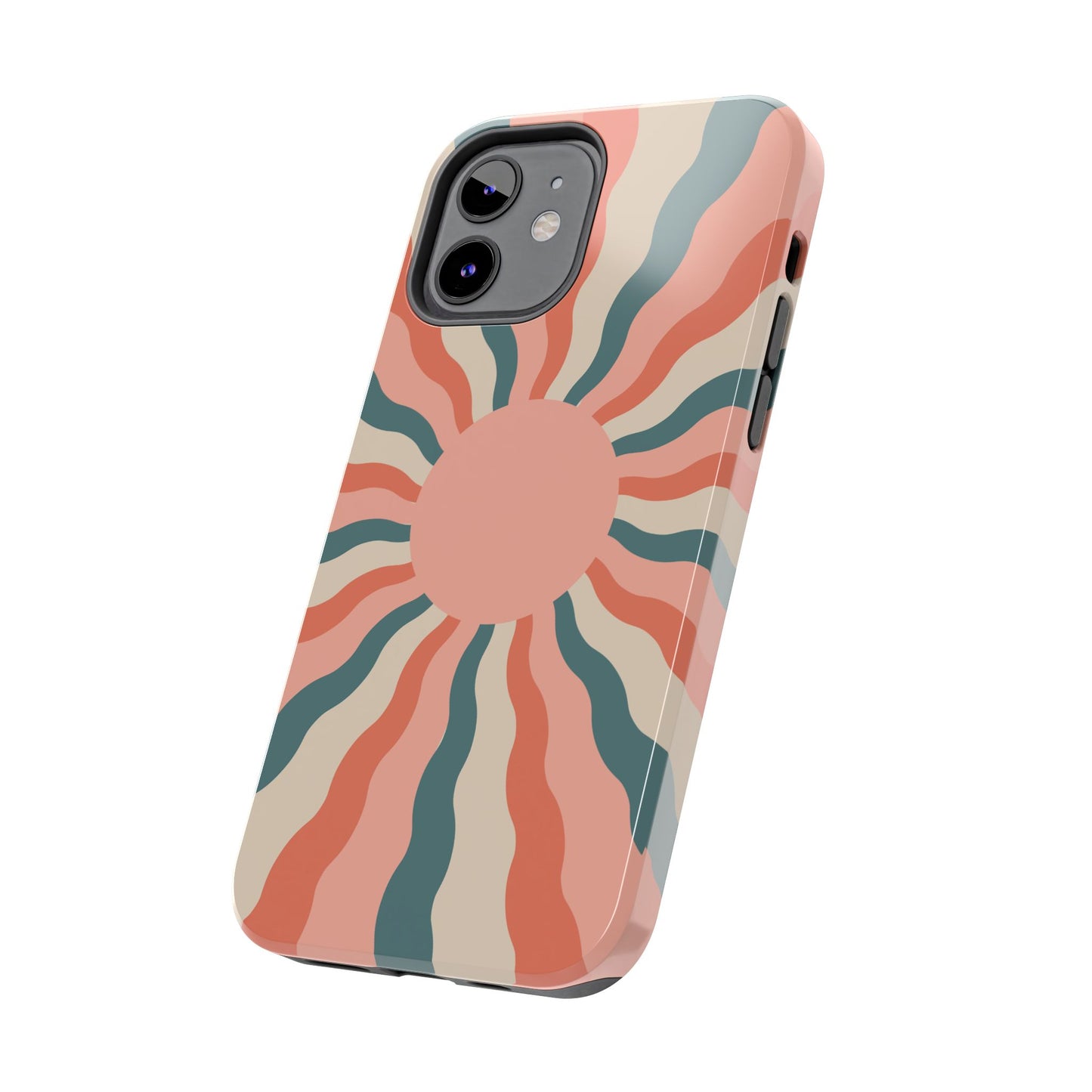 Retro Sunburst iPhone Case – Bold 70s-Inspired Waves in Coral, Teal, and Cream