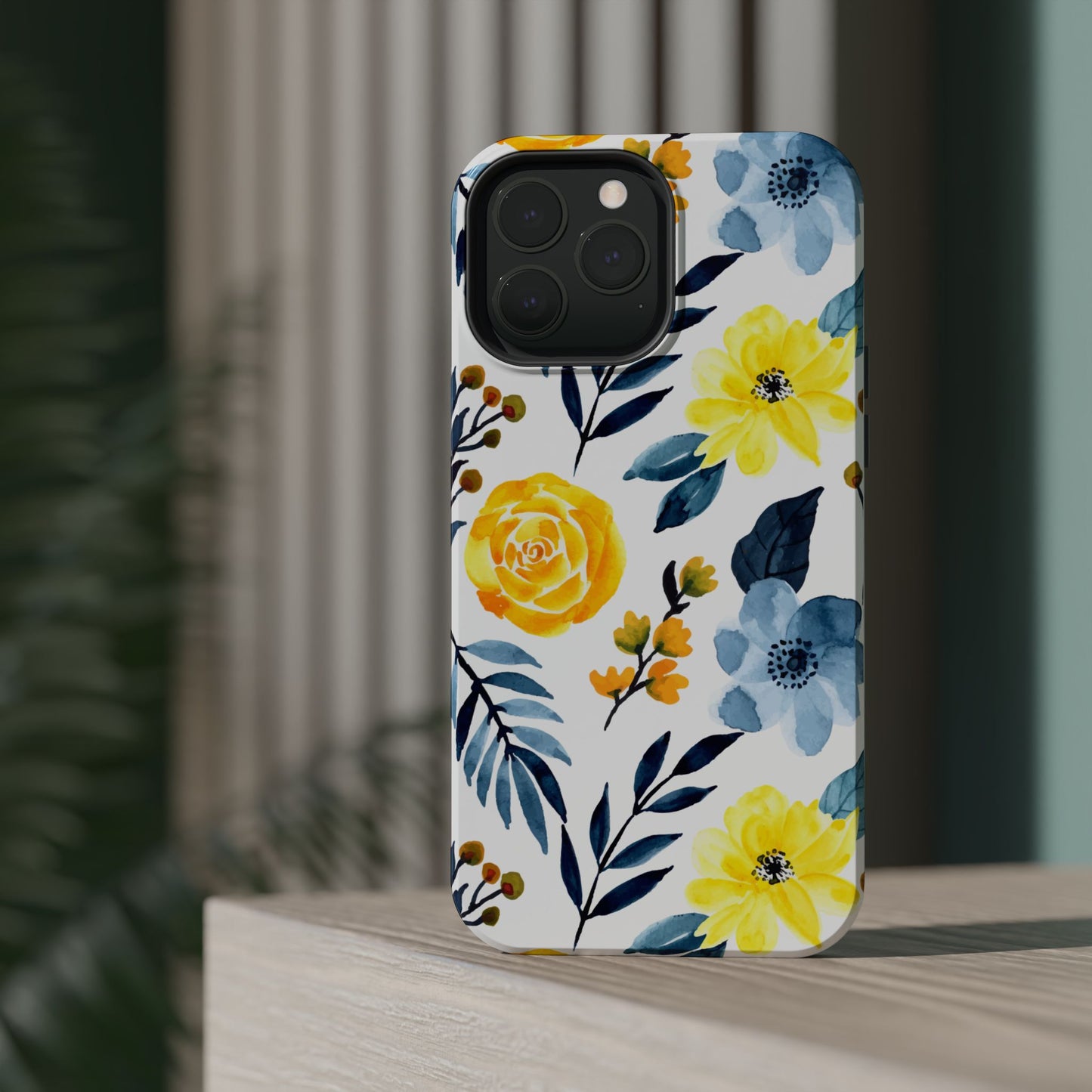 Golden Yellow & Sky Blue Floral – Watercolor Botanical MagSafe iPhone Case