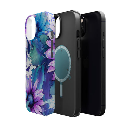 Purple & Teal Watercolor Floral MagSafe iPhone Case - Artistic Flower Design