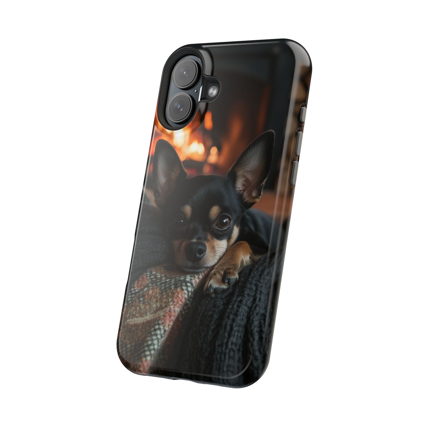 Cozy Chihuahua Fireplace MagSafe iPhone Case – Elegant and Functional Design