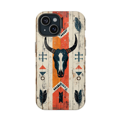 Rustic Western Bull Skull Tough MagSafe iPhone Case – Distressed Wood Design, Dual-Layer Protection