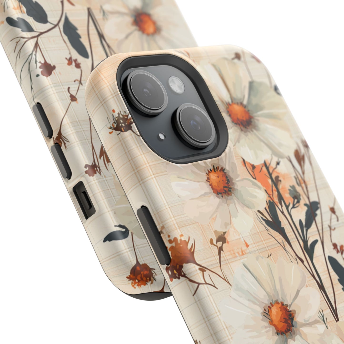 Pastel Orange Floral MagSafe iPhone Case - Elegant Plaid Protective Cover