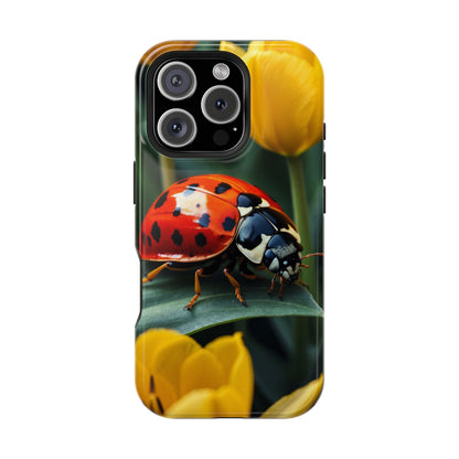 MagSafe iPhone Case: Vibrant Ladybug Amidst a Lush Yellow Flower Garden