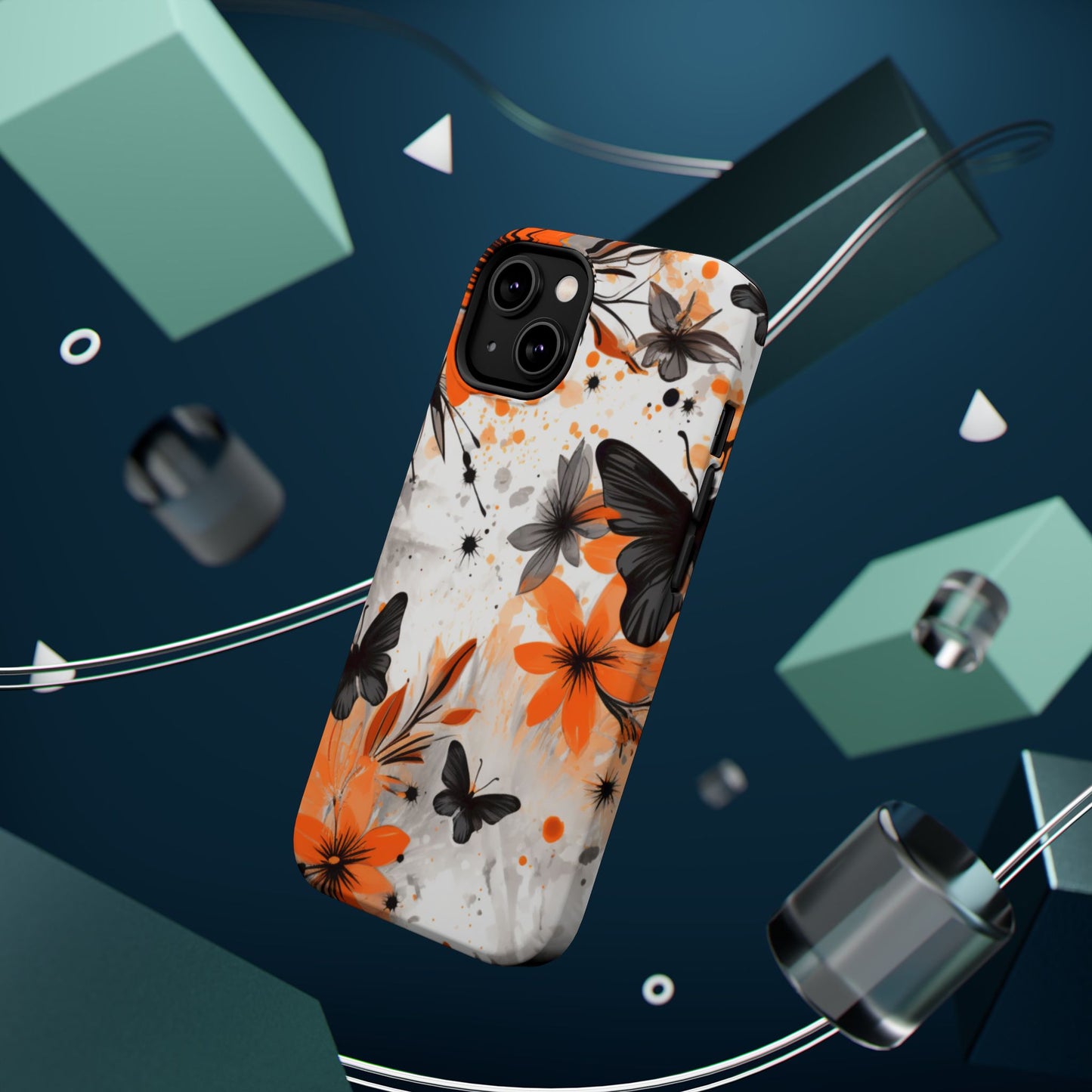 Orange Blossom & Black Butterfly MagSafe iPhone Case – Bold Floral Pattern with Modern Abstract Style