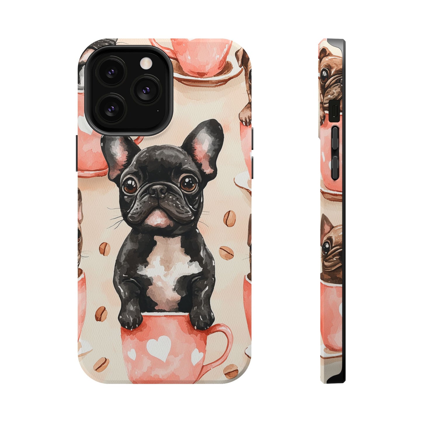 French Bulldogs in Coffee Cup MagSafe iPhone Case – Cute Dog Art, Shockproof & Slim Design