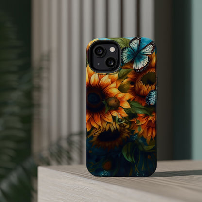 Aqua Blue Butterfly & Sunflower Art – MagSafe iPhone Case