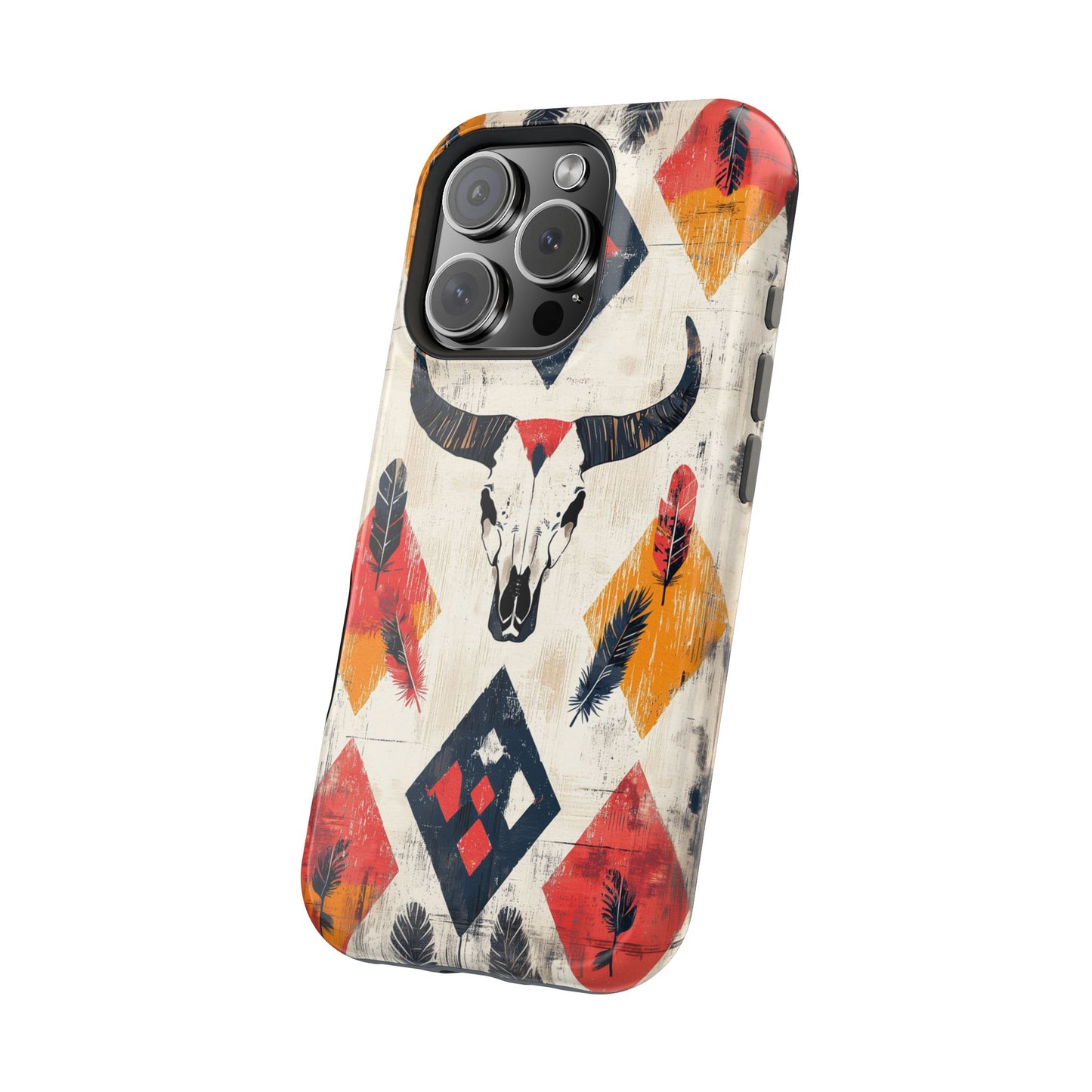 Western Bull Skull & Feathers Tough Mag Safe iPhone Case – Bold Tribal Design, Dual-Layer Protection