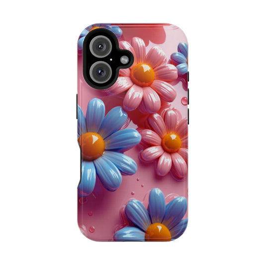 Pastel Daisy 3D MagSafe iPhone Case – Glossy Pink and Blue Floral Design, Full Protection