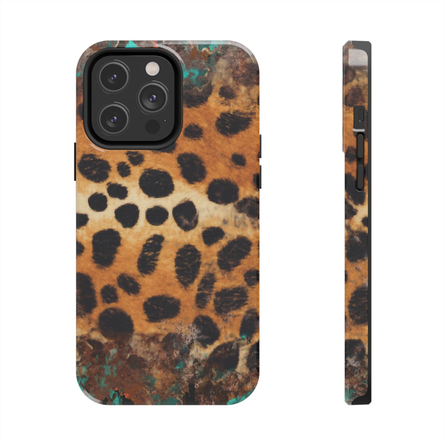 Rustic Leopard Print Tough iPhone Case – Distressed Turquoise and Animal Pattern with Dual-Layer Protection