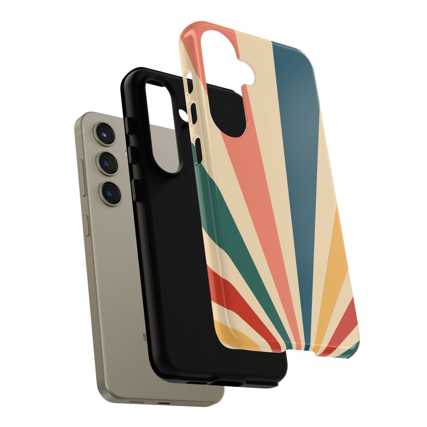 Retro Sunbeam Samsung Galaxy Case – 70s-Inspired Radiating Stripes in Coral, Teal, and Mustard