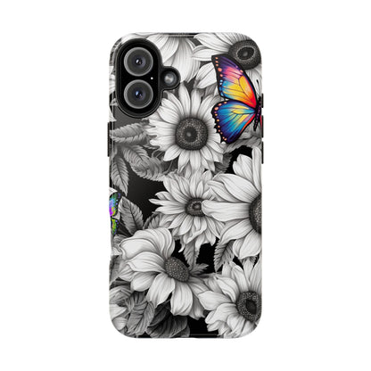 Rainbow Butterflies & Monochrome Sunflowers – iPhone Case