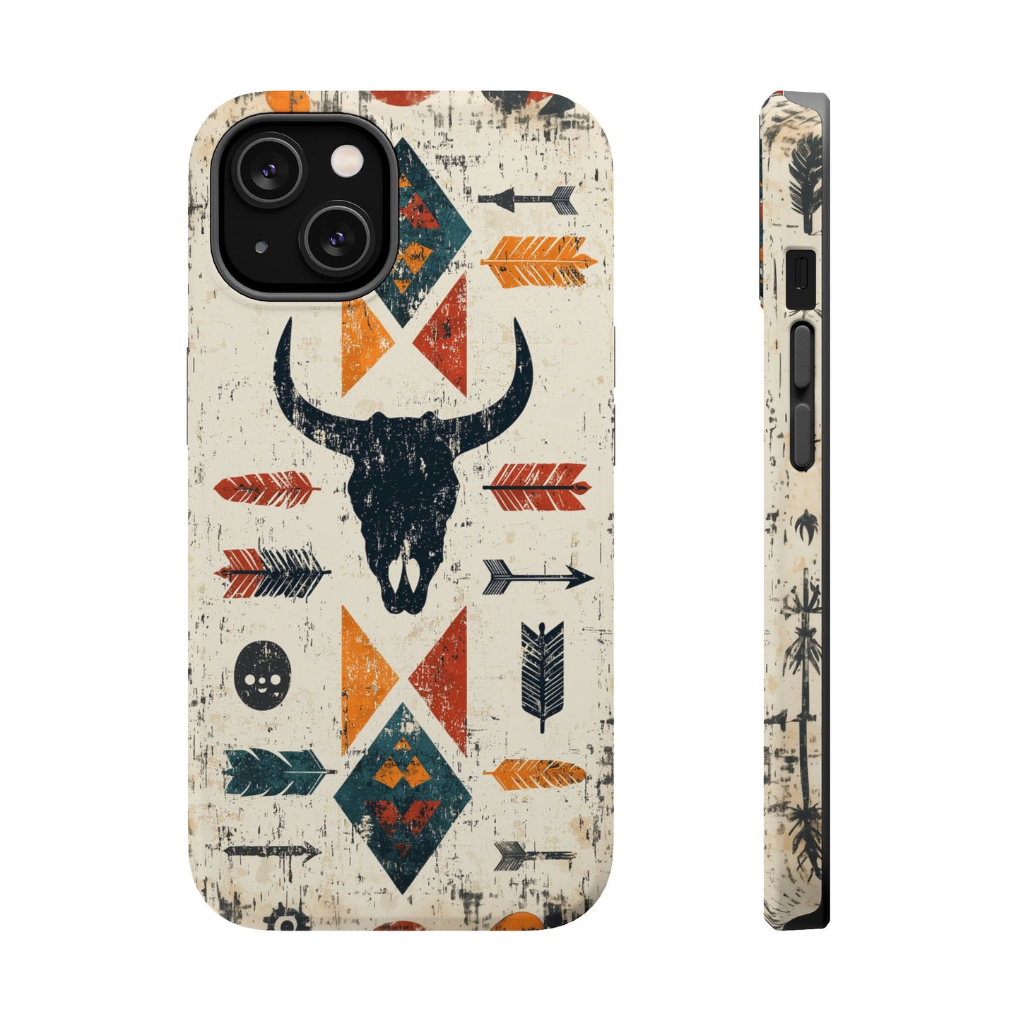 Tribal Bull Skull & Arrows Tough MagSafe iPhone Case – Rustic Western Design, Dual-Layer Protection