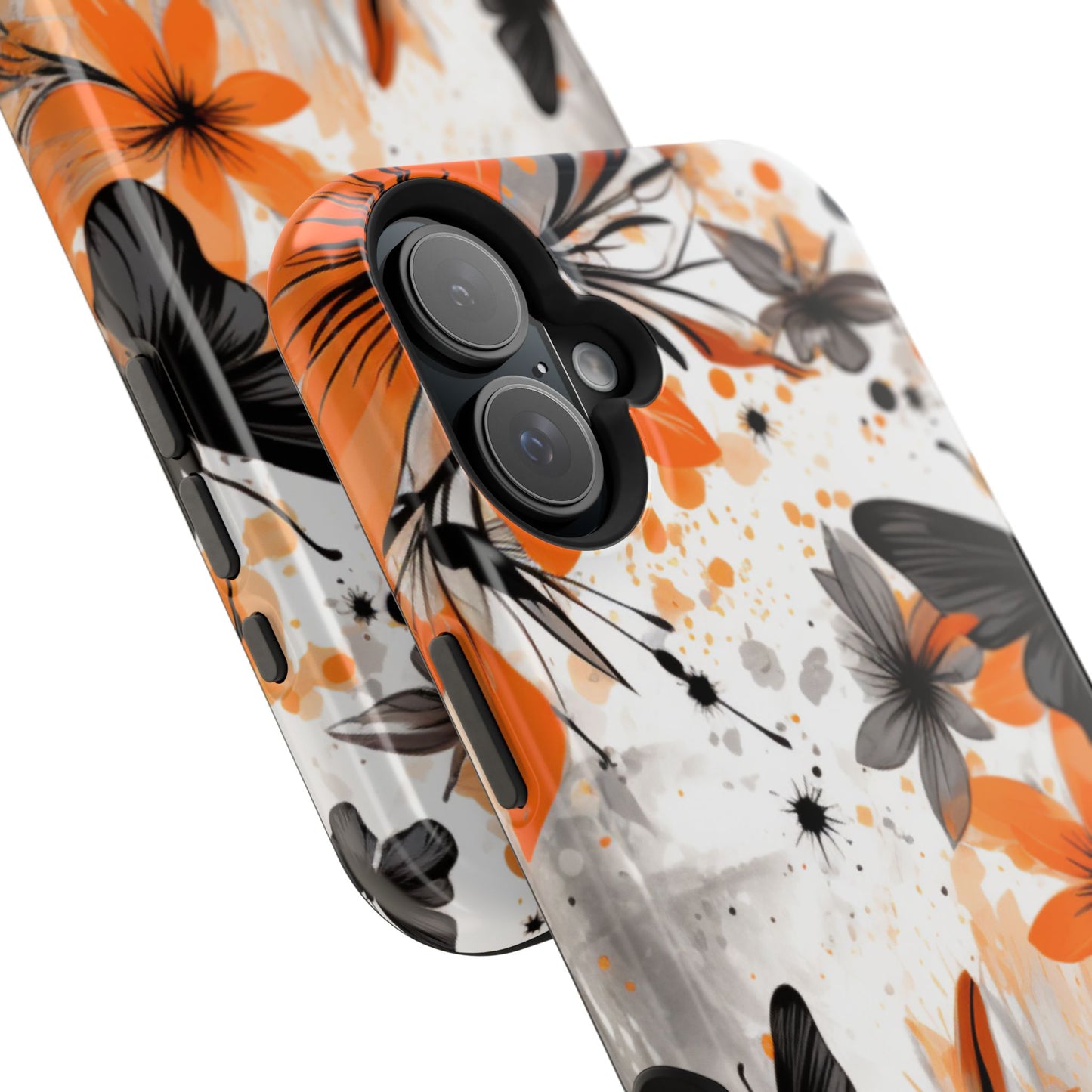 Orange Blossom & Black Butterfly MagSafe iPhone Case – Bold Floral Pattern with Modern Abstract Style