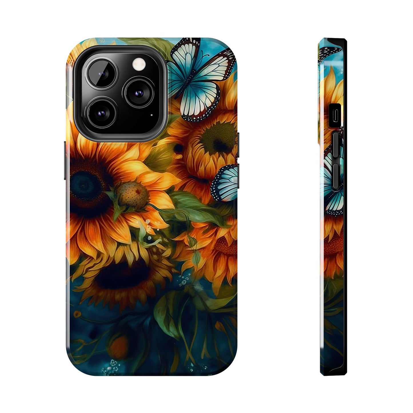 Aqua Blue Butterfly & Sunflower Art – iPhone Case