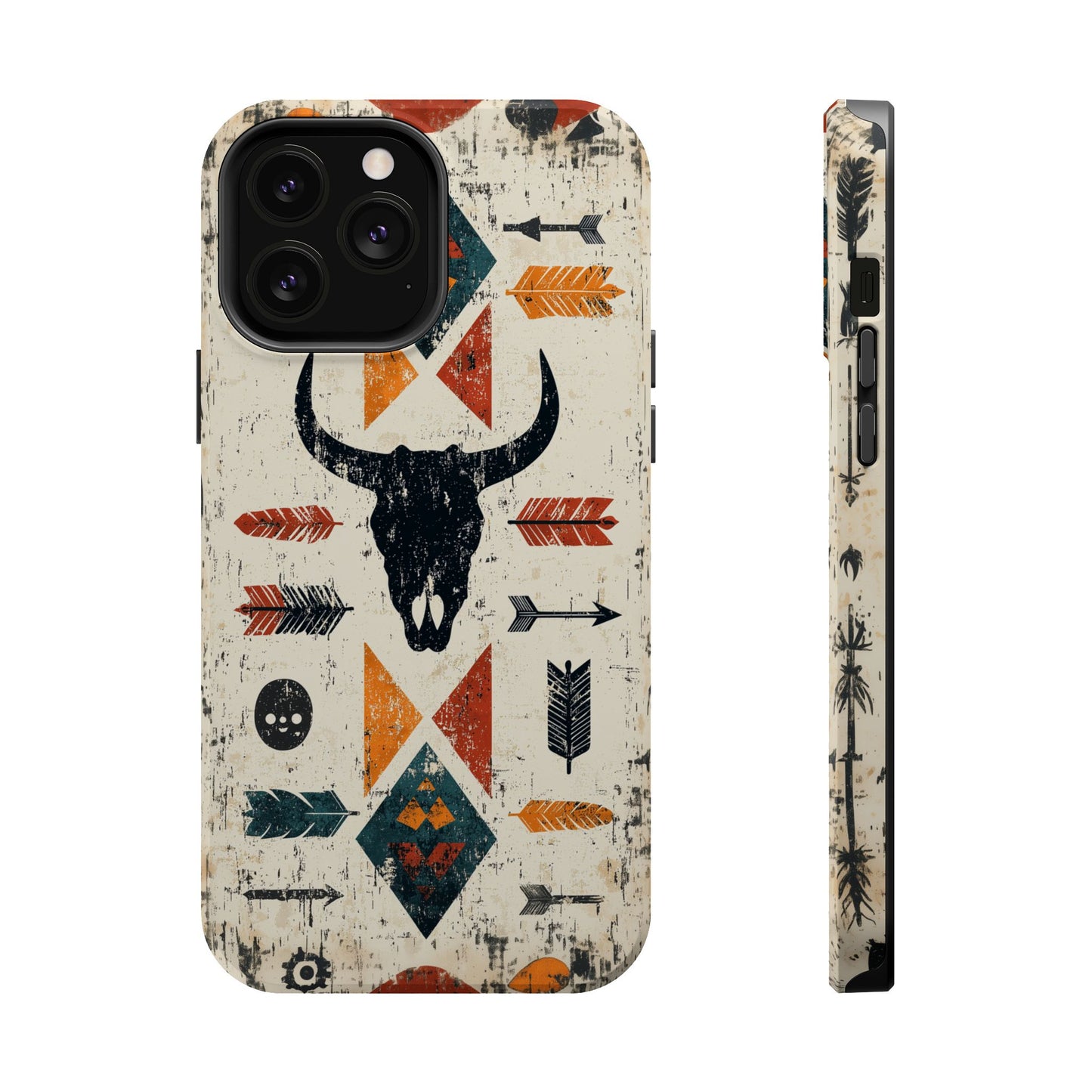 Tribal Bull Skull & Arrows Tough MagSafe iPhone Case – Rustic Western Design, Dual-Layer Protection