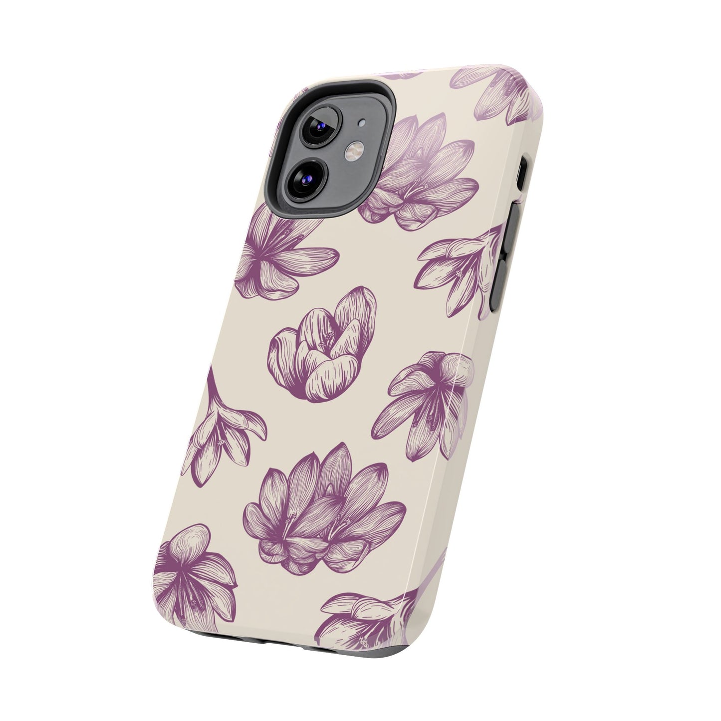 Vintage Botanical Floral Tough iPhone Case – Hand - Drawn Purple Flowers, Shockproof Design - BOGO Cases