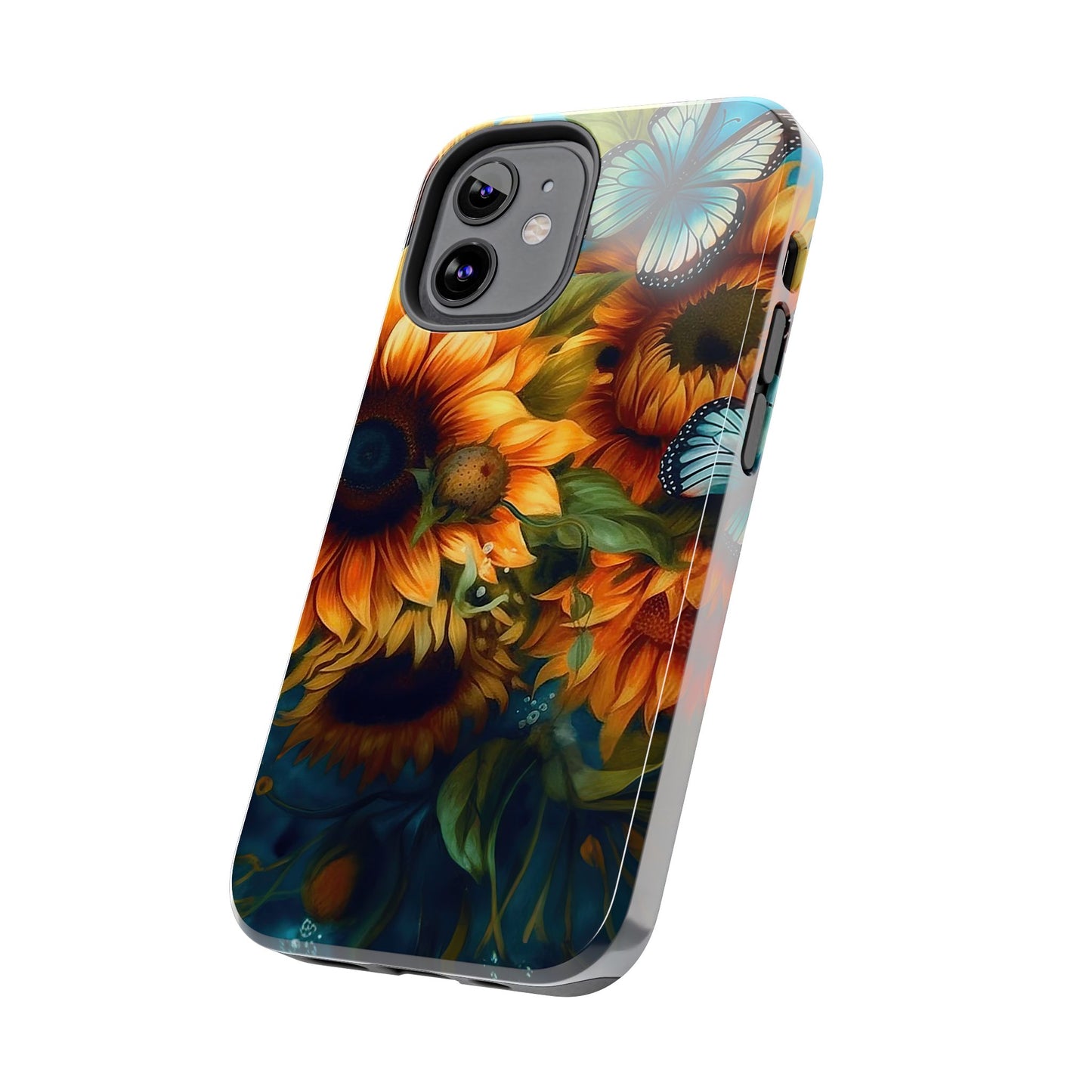 Aqua Blue Butterfly & Sunflower Art – iPhone Case