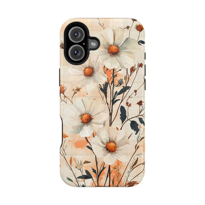 Pastel Orange Floral MagSafe iPhone Case - Elegant Plaid Protective Cover