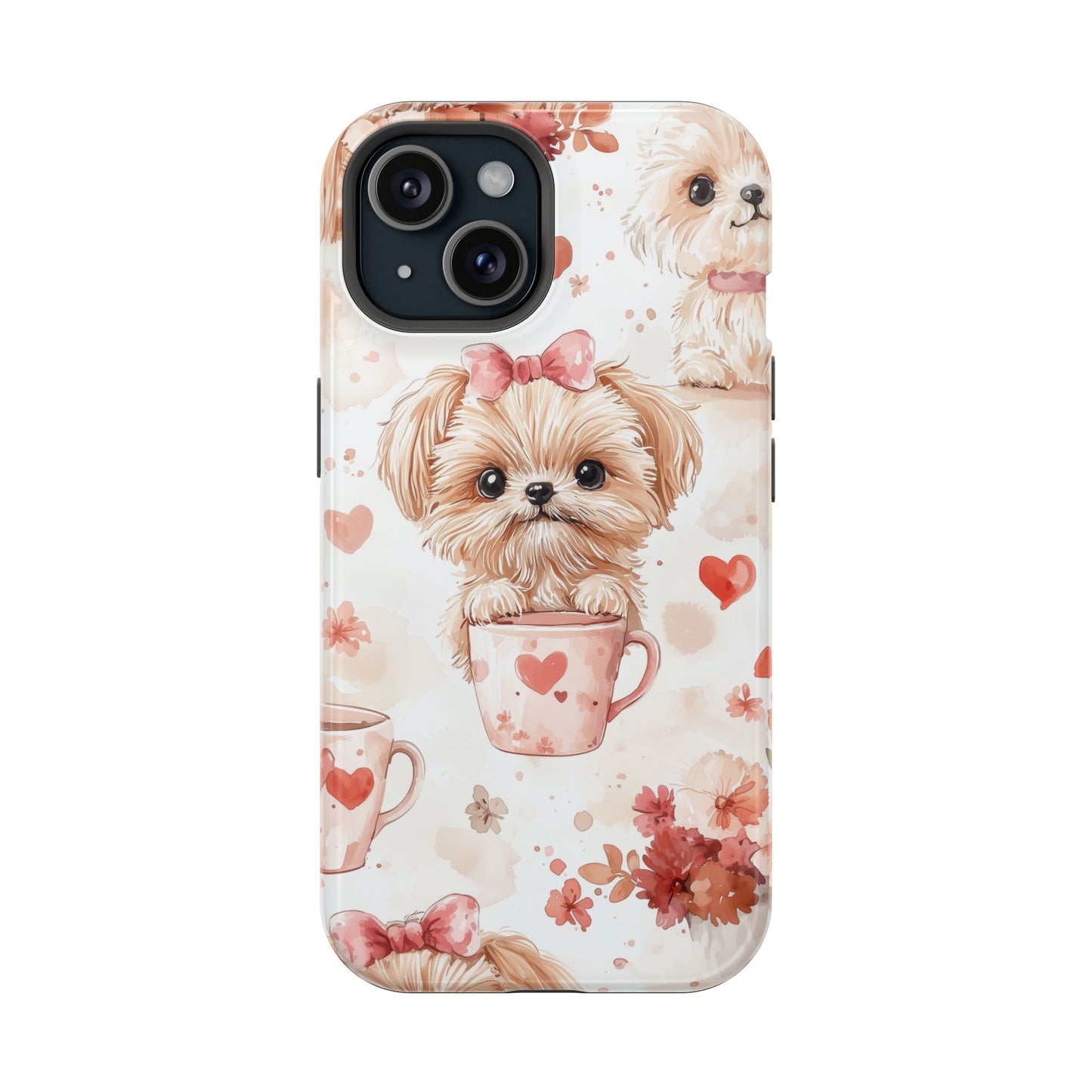 Puppies & Heart Mugs MagSafe iPhone Case – Sweet Dog & Floral Design, Shockproof & Slim