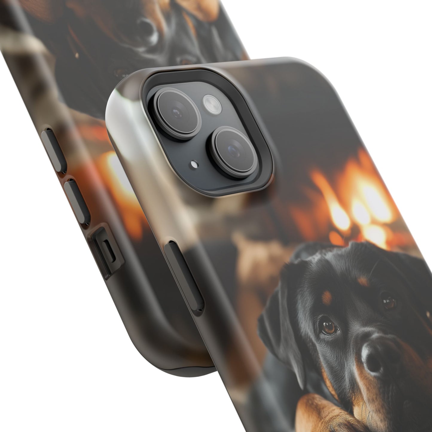 Cozy Rottweiler by the Fireplace MagSafe iPhone Case – Warm Rustic Design