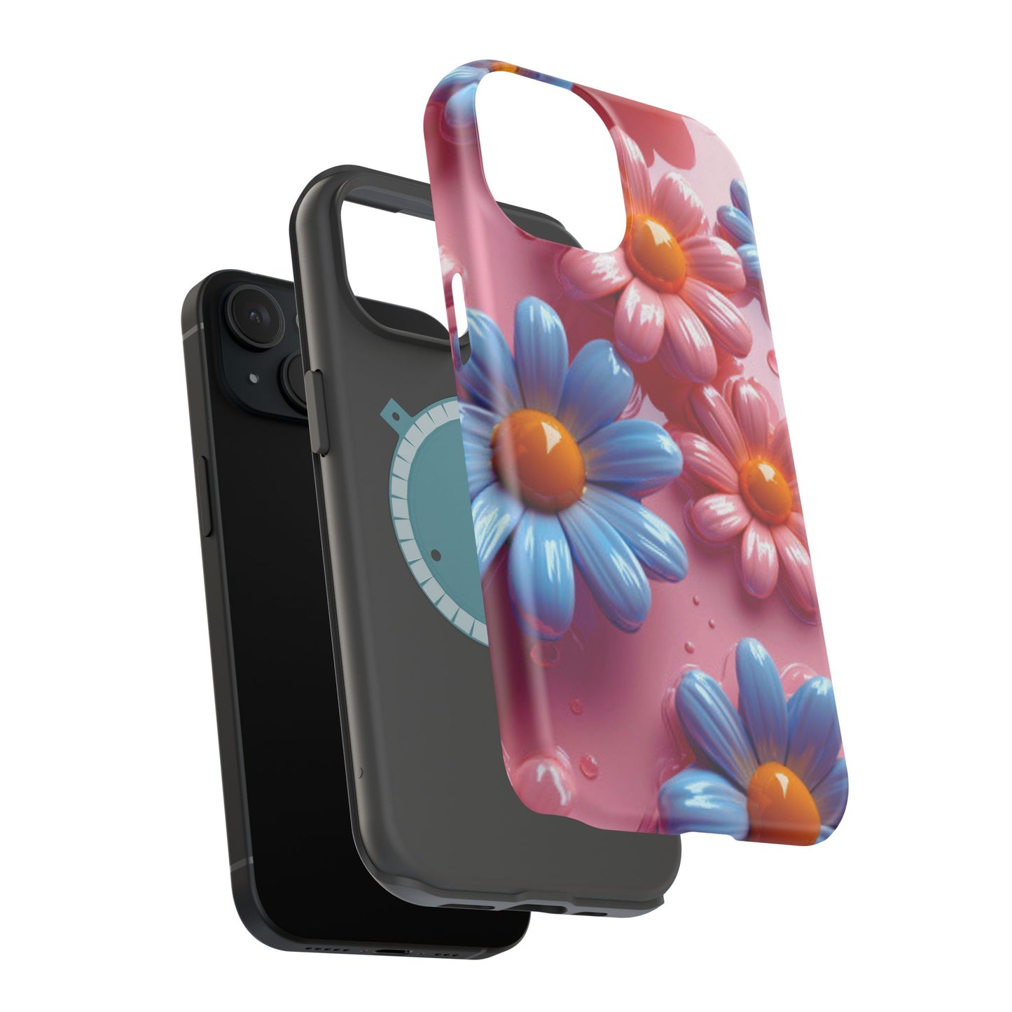 Pastel Daisy 3D MagSafe iPhone Case – Glossy Pink and Blue Floral Design, Full Protection