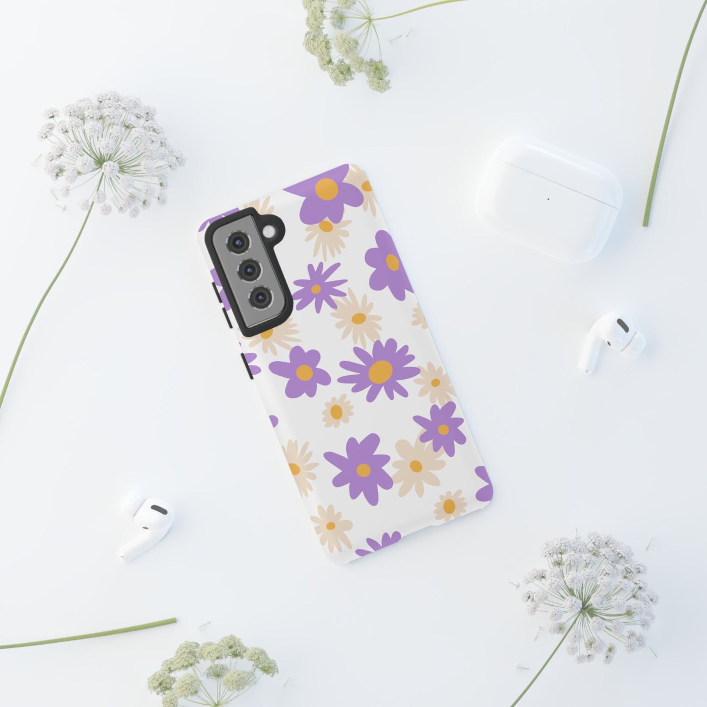 Retro Daisy Flower Samsung Galaxy Case – Pastel Purple & Cream Floral Design with Matte Finish