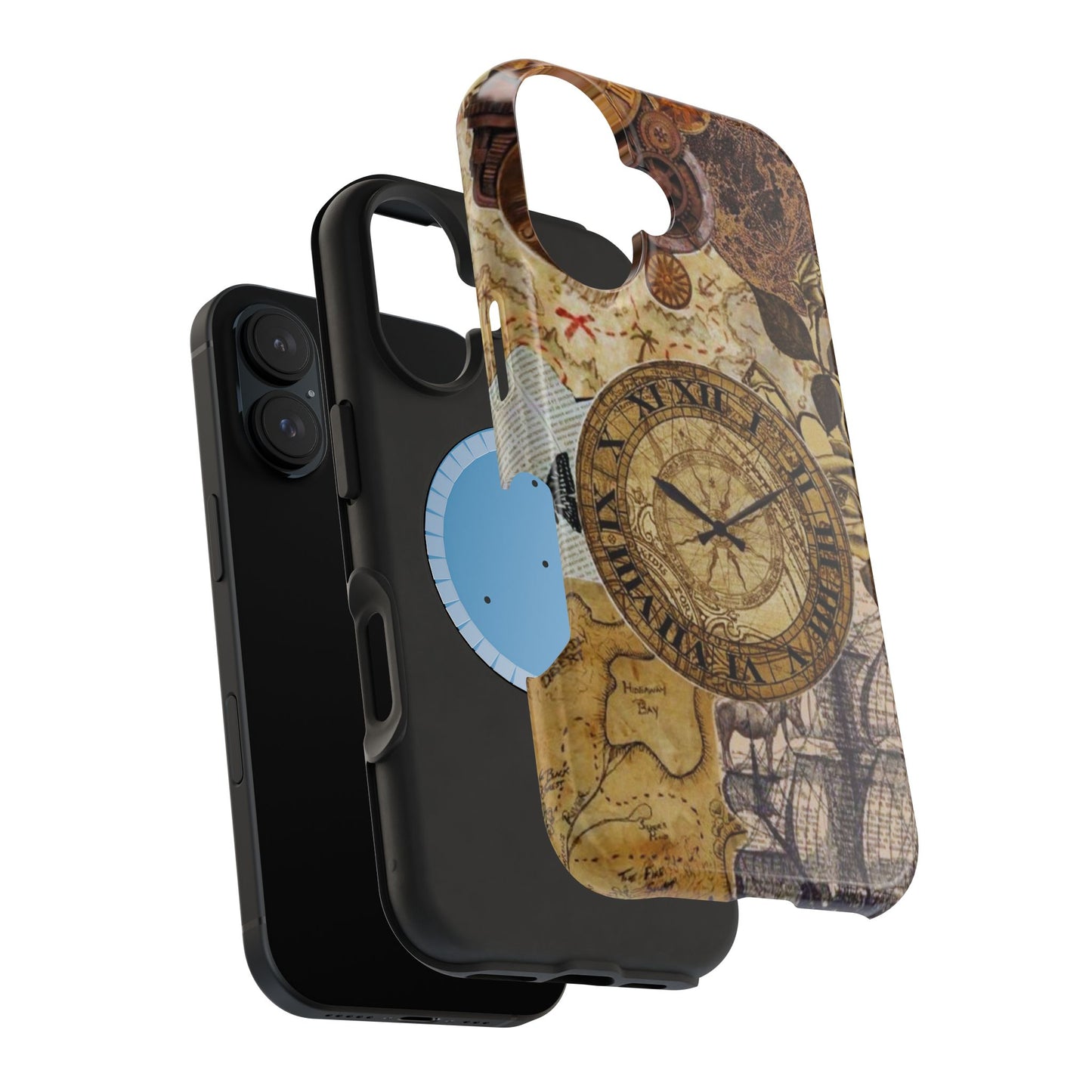 Steampunk Vintage Adventure MagSafe iPhone Case – Dual-Layer Protection with Antique Map and Clock Design