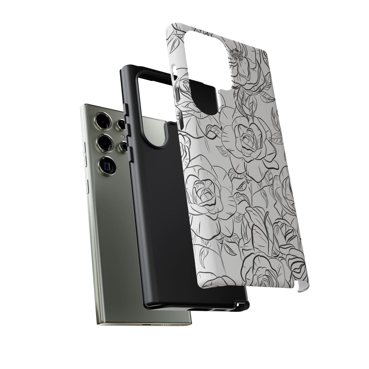 Monochrome Rose Garden Tough Samsung Galaxy Case – Elegant Floral Line Art with Dual-Layer Protection