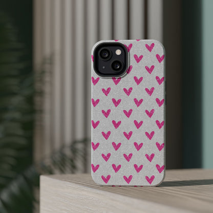 Pink Hearts on Glitter Silver – MagSafe iPhone Case