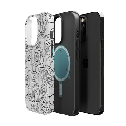 Monochrome Rose Garden Tough MagSafe iPhone Case – Elegant Floral Line Art with Dual-Layer Protection