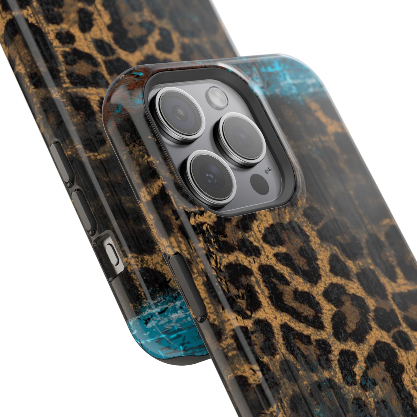 Boho Leopard and Turquoise Tough MagSafe iPhone Case – Rustic Western Design with Dual-Layer Protection