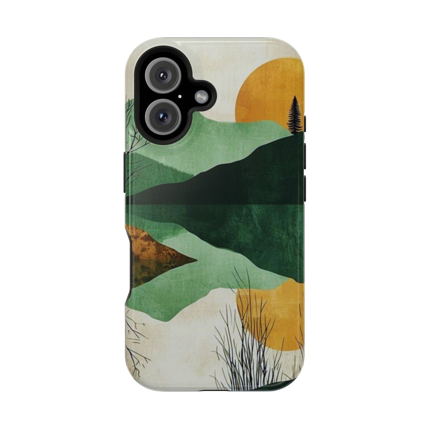 Retro Mountain Sunrise MagSafe iPhone Case – Minimalist Landscape Design, Dual-Layer Protection