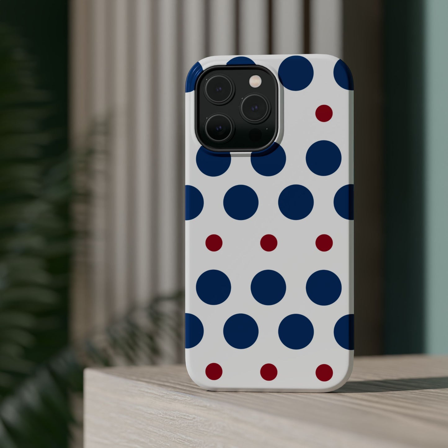 Bold Navy & Red Polka Dot Pattern – MagSafe iPhone Case