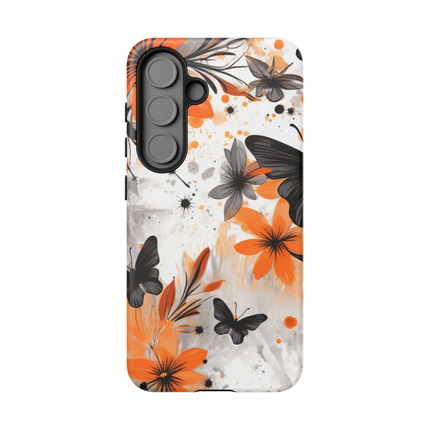 Orange Blossom & Black Butterfly Samsung Galaxy Case – Bold Floral Pattern with Modern Abstract Style