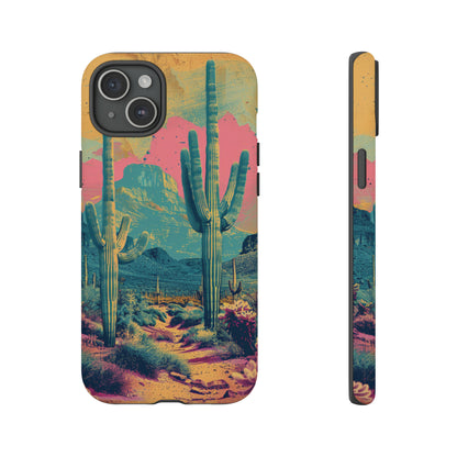 Desert Oasis Retro Cactus Phone Case - Vibrant Sunset Landscape for iPhone 15/14/13/12, Samsung S24/S23/S22/S21, & Google Pixel