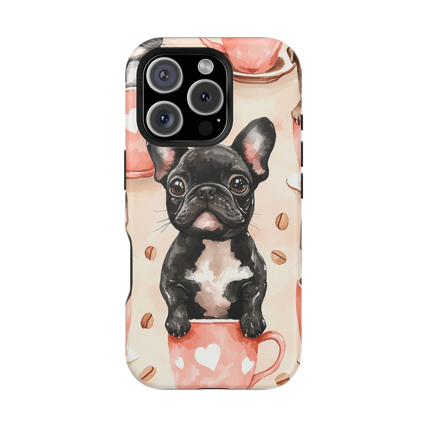 French Bulldogs in Coffee Cup MagSafe iPhone Case – Cute Dog Art, Shockproof & Slim Design