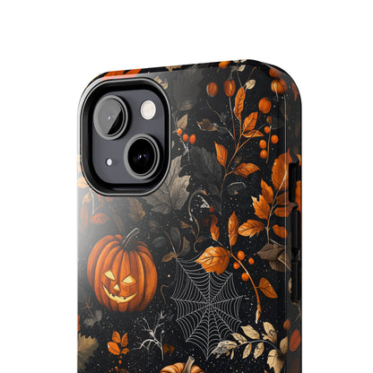 Elegant Halloween iPhone Case – Pumpkin Jack-o'-Lanterns, Cobwebs & Autumn Foliage Design