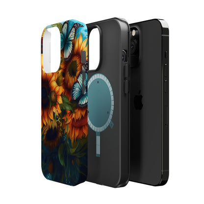 Aqua Blue Butterfly & Sunflower Art – MagSafe iPhone Case